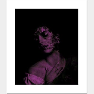 Beautiful girl, her skin and body falling down to pieces, disappear. Dark, dim, violet. Posters and Art